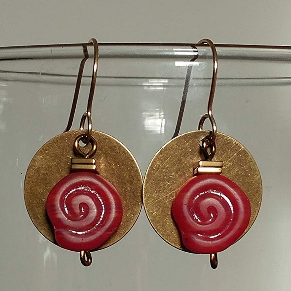 Boho Red Glass Swirl Brass Circle Disk Earrings